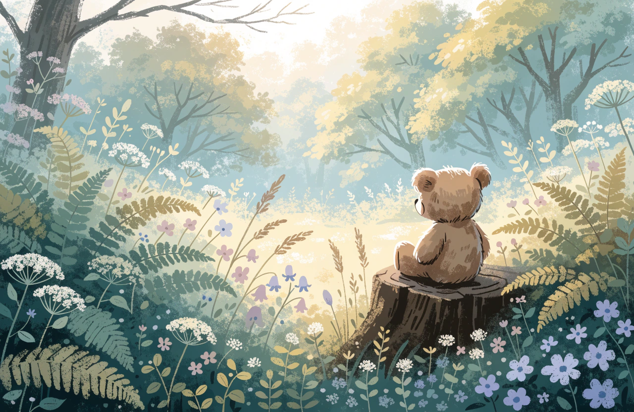 Un ourson comme Winnie l’Ourson assis dans une clairière aux couleurs douces