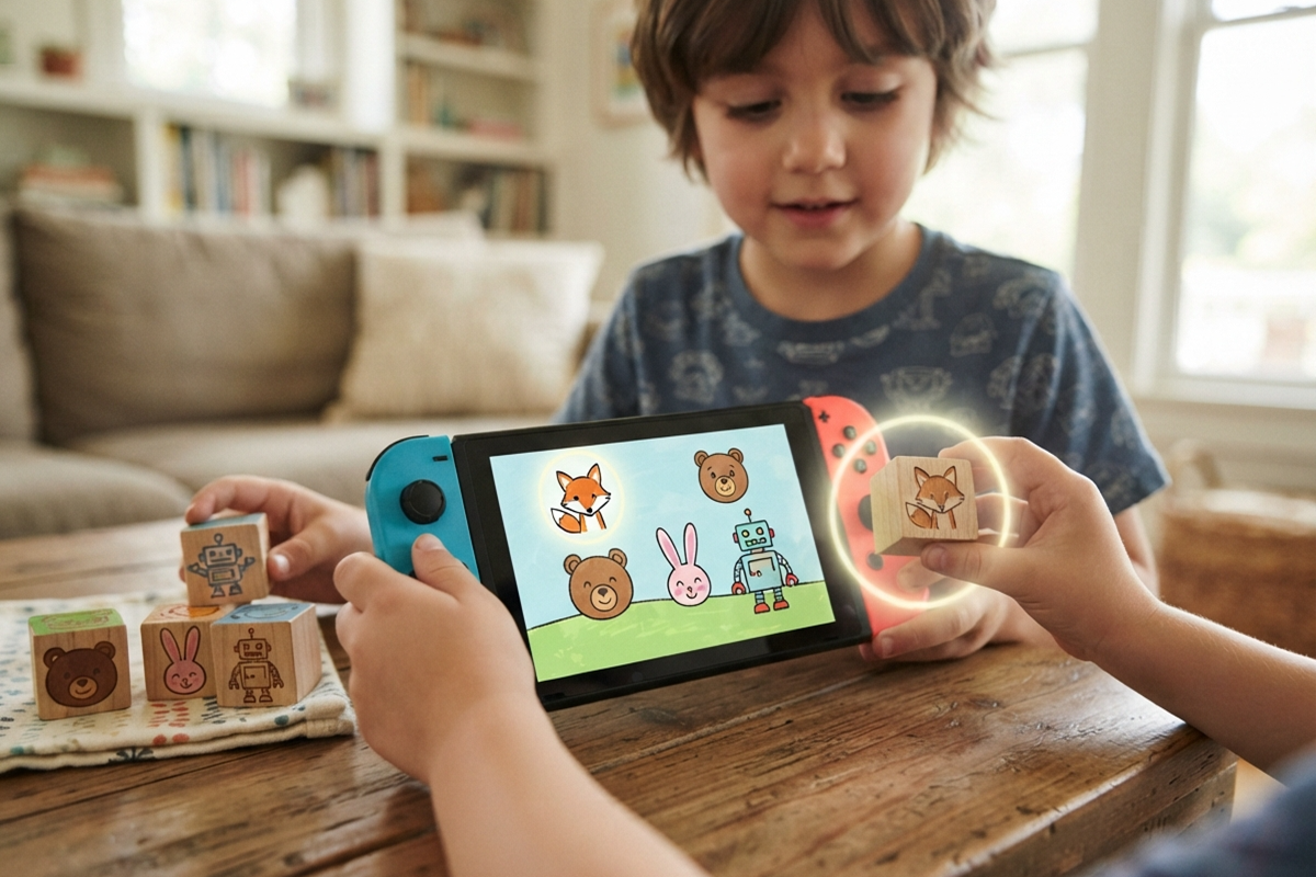 Deux enfants qui jouent sur une console similaire à Nintendo Switch