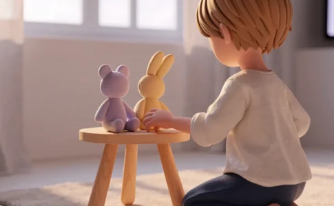 un enfant jouant avec deux peluches différentes, évoquant Daniel Tiger avec des peluches amies