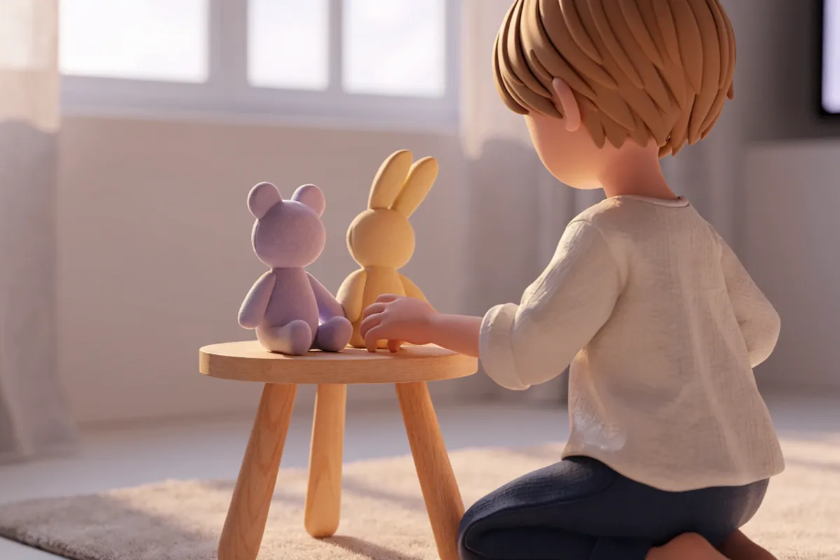 un enfant jouant avec deux peluches différentes, évoquant Daniel Tiger avec des peluches amies