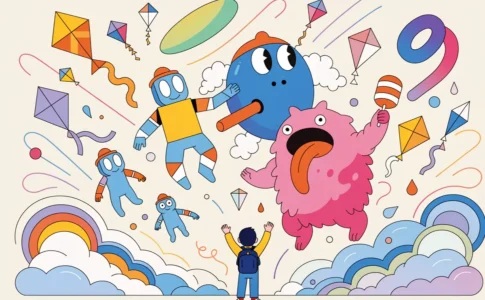 Personnages dessinés et cerfs-volants colorés dans un univers festif rappelant la Fête du cinéma d’animation