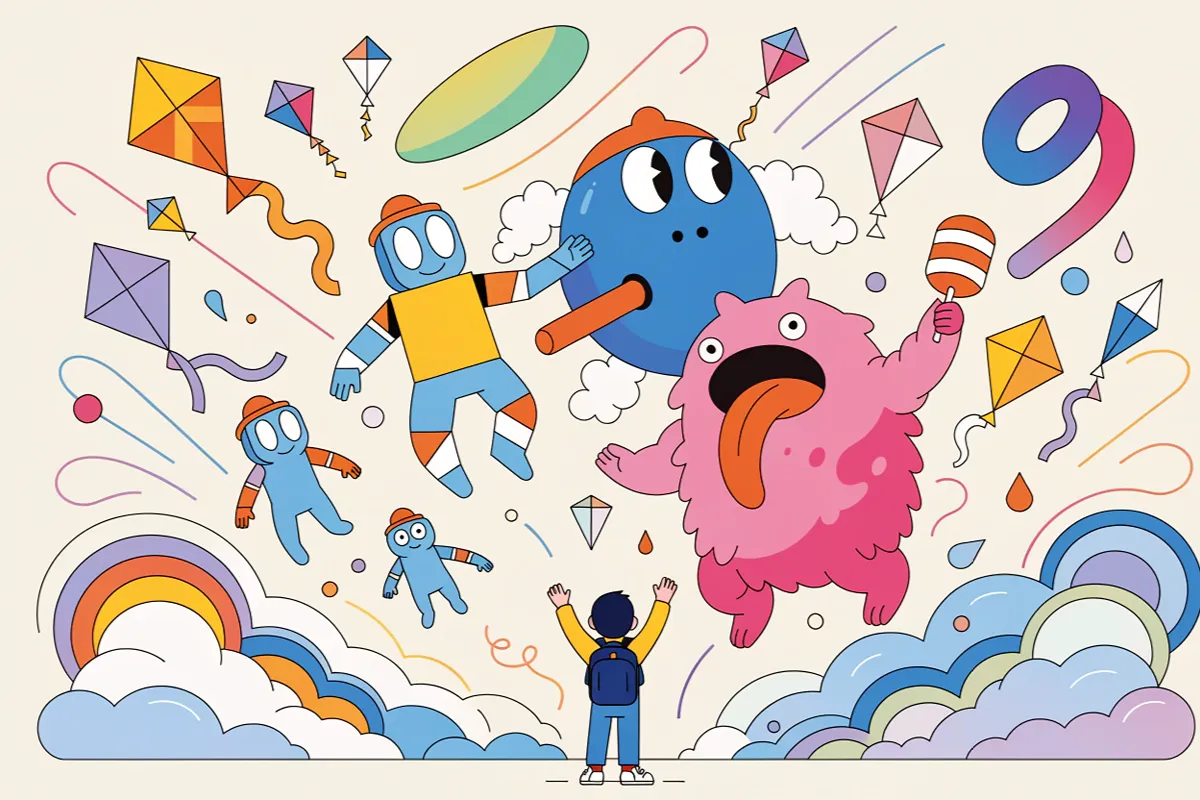 Personnages dessinés et cerfs-volants colorés dans un univers festif rappelant la Fête du cinéma d’animation