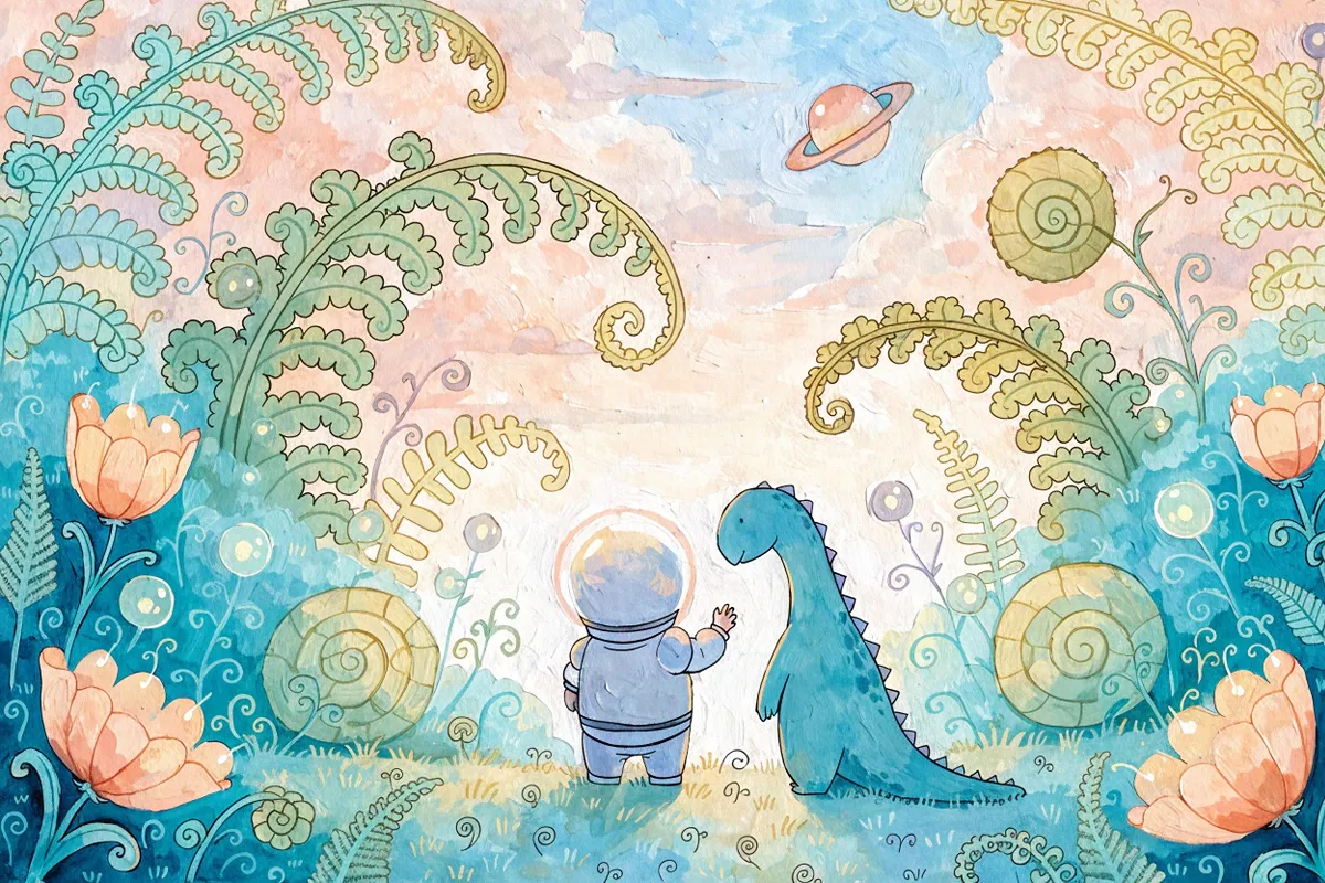 Une jeune astronaute observe des plantes fantastiques aux côtés d’un compagnon lézard rappelant Gros Lézard