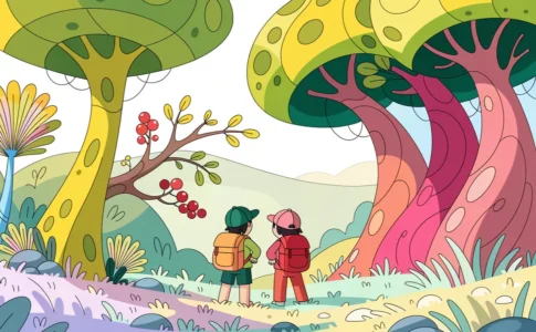 Forêt douce, couleurs lumineuses et arbres stylisés évoquant Gruffalo de père en fils