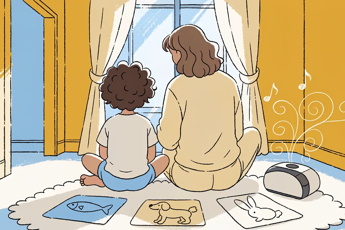 un enfant joue avec des cartes d’animaux évoquant les cartes animalières d’Henri Dès 