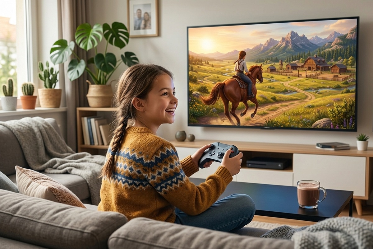 Une enfant qui s’amuse en jouant à HORSE CLUB Ride West