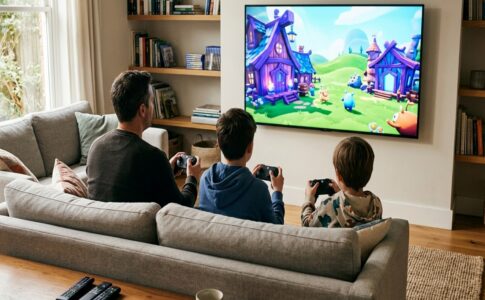 Un adulte et deux enfants qui jouent à un party game comme Hack ‘n’ Stack