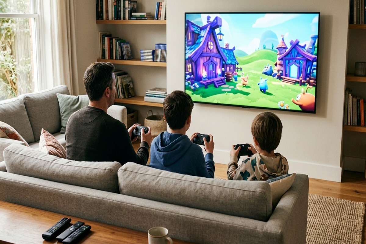 Un adulte et deux enfants qui jouent à un party game comme Hack ‘n’ Stack