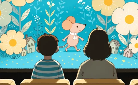 un enfant et sa mère devant un écran montrant une souris imaginaire