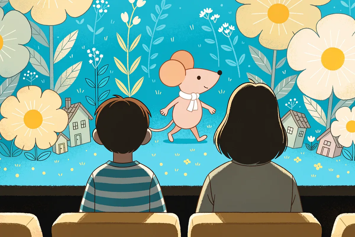 un enfant et sa mère devant un écran montrant une souris imaginaire
