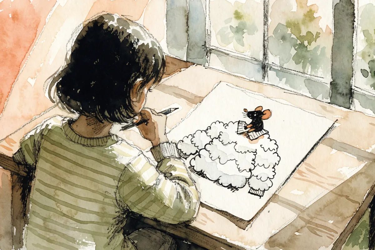un enfant dessine un pull de nuages évoquant Le Monde à l’envers en couleurs