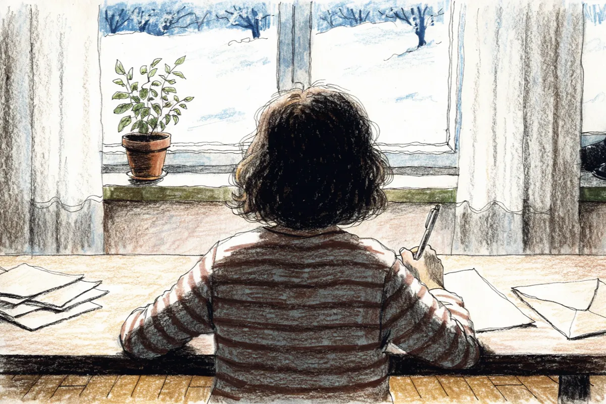 Une enfant préparant une lettre près d’une fenêtre hivernale