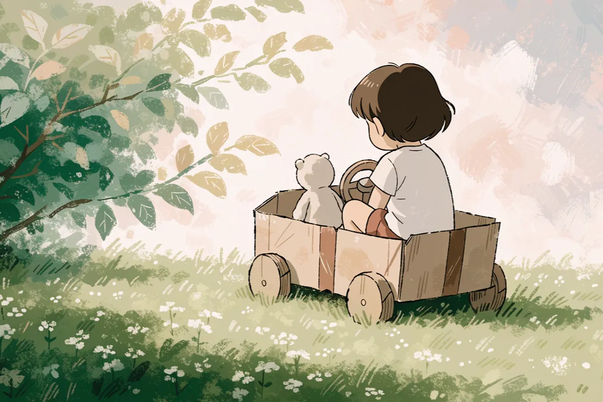 un enfant dans un véhicule en carton évoquant Pocoyo et un petit voyage imaginaire