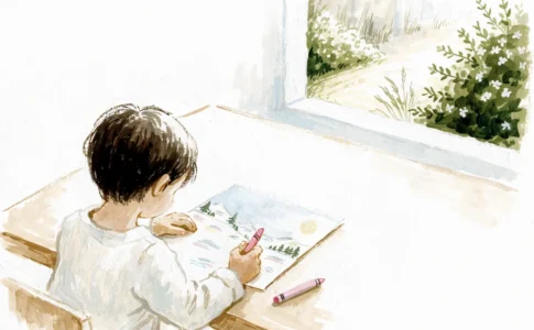 Un enfant dessinant un paysage d'hiver sur une table près d'une fenêtre rappelant Premières Bobines
