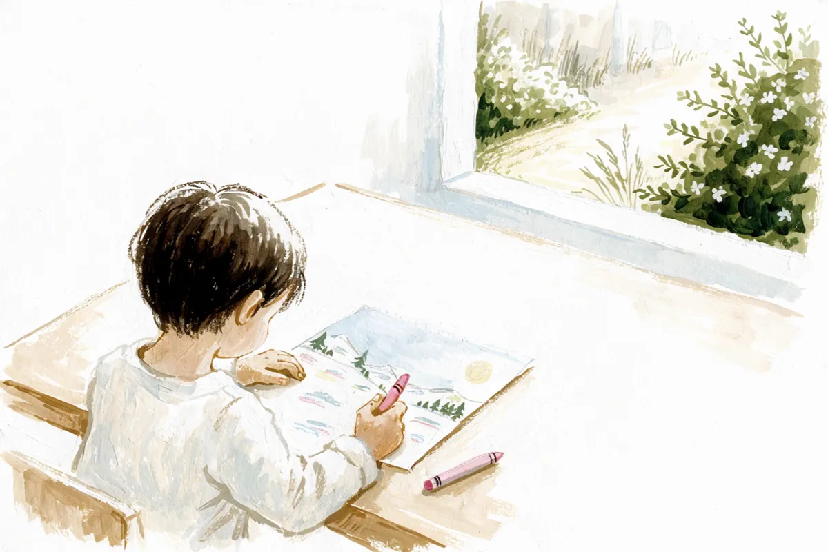 Un enfant dessinant un paysage d'hiver sur une table près d'une fenêtre rappelant Premières Bobines