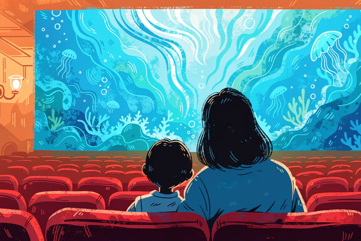 Une maman et son enfant regardant le cinéma sous-marin évoquant Timioche  