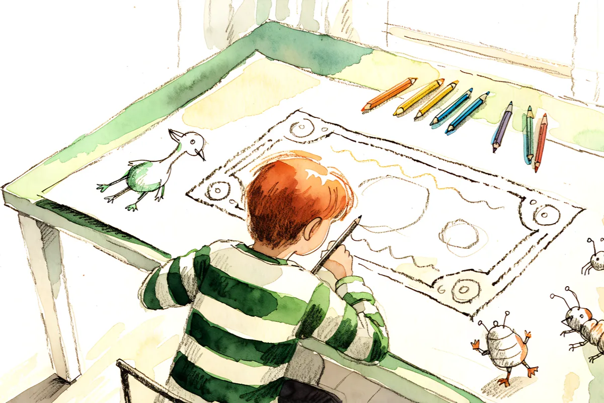 illustration d’un enfant dessinant un billet de cinéma et des animaux, évoquant les Toiles des mômes