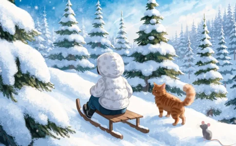 Un chat roux et une souris observant un jeune enfant sur une luge