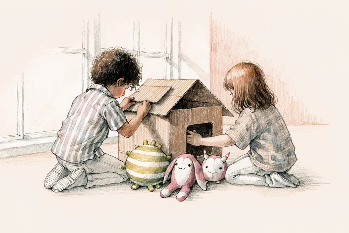 Enfants inventant une maison avec une boîte et des peluches, inspirée de Trotro et Zaza